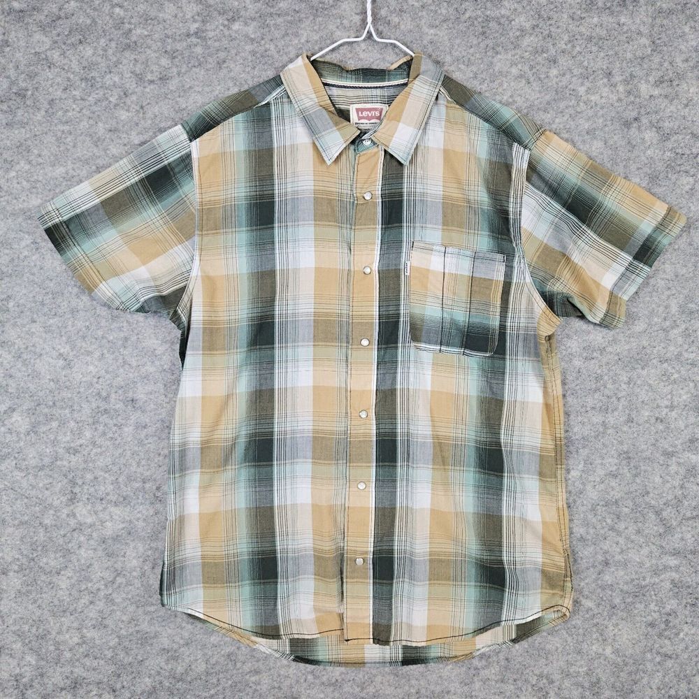 Levi's Green & Yellow Plaid Pearl Snap Shirt Size Large Short Sleeves White Tab